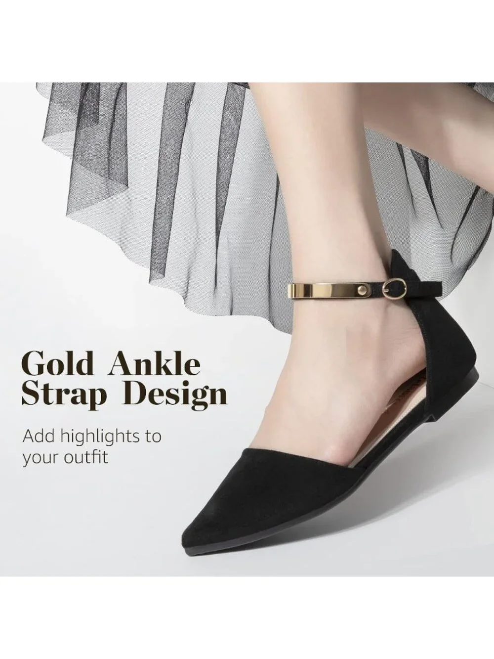 Women's Black Suede Pointed Toe Flats Fancy Gold Ankle Strap Rhinestone Shoes